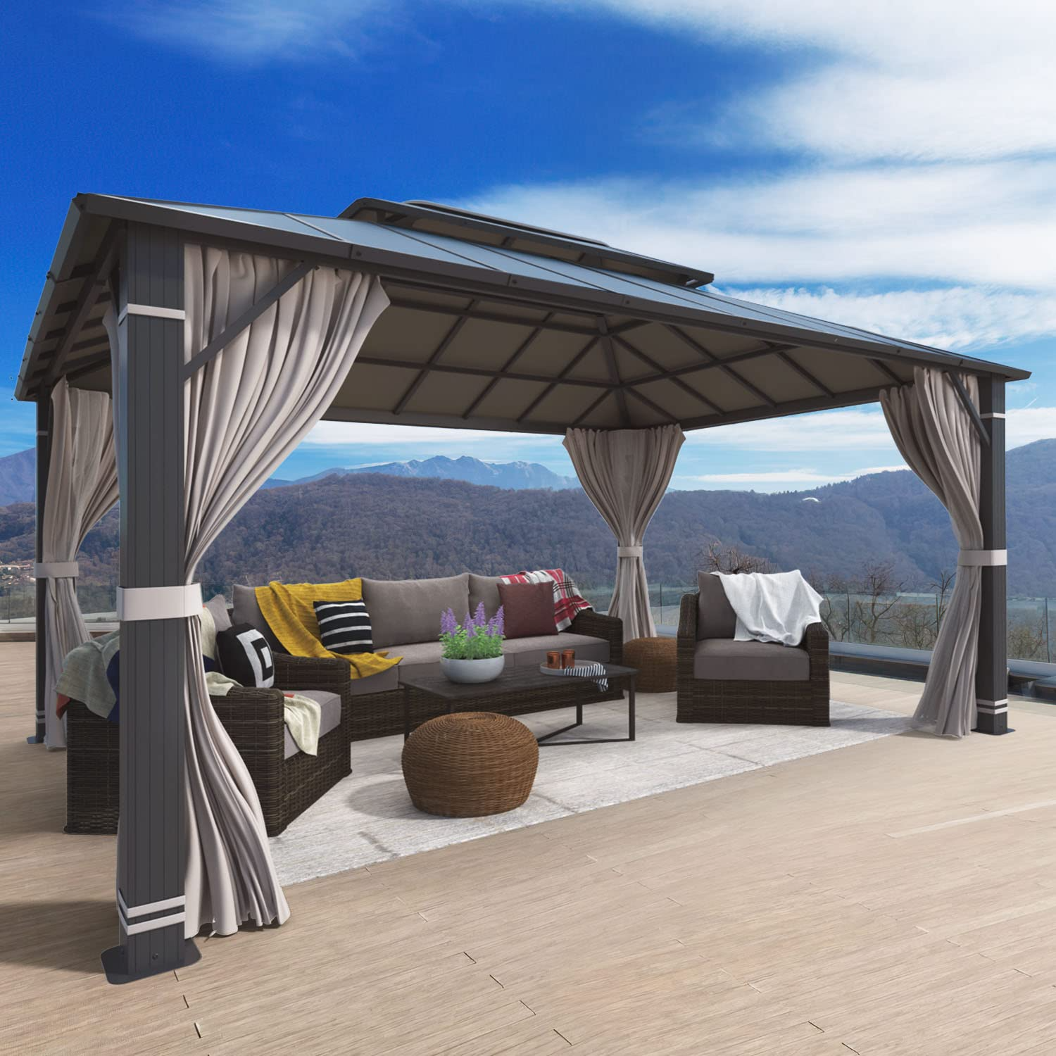 【Gazebo】12' x 16' Hardtop Gazebo, Permanent Outdoor Aluminum Patio Gazebo with Composite Double Roof