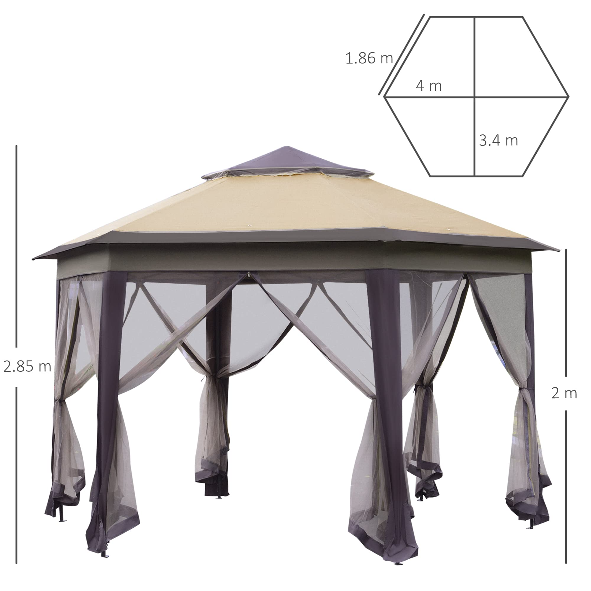【Gazebo】13' x 13' Pop-Up Double Roof Six-Sided Pavilion with Sheltering Mesh