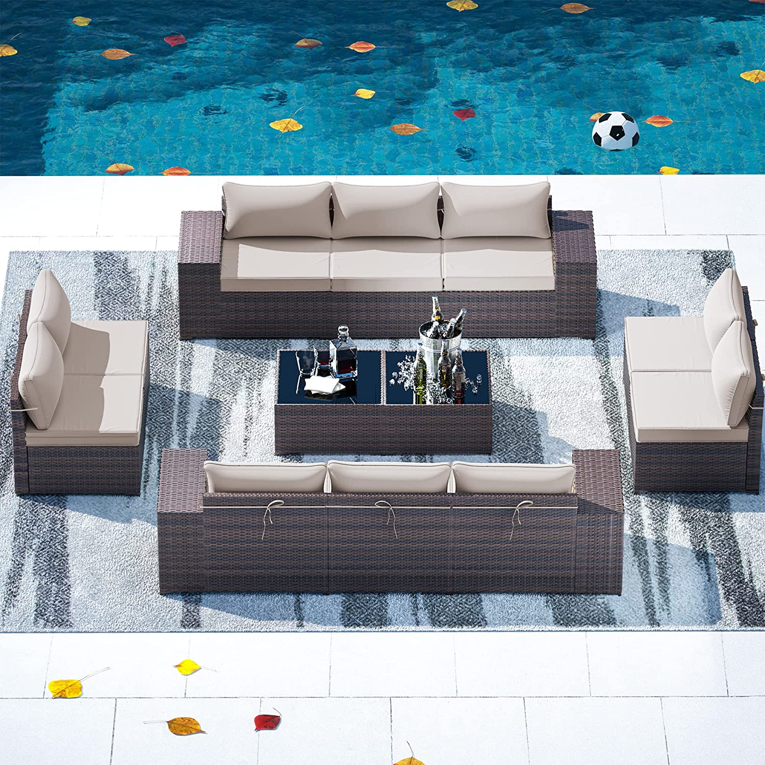 【Furniture】Outdoor Patio Furniture Sets 12-Pc Patio Sectional Furniture with Table & 10 Thickened Cushions