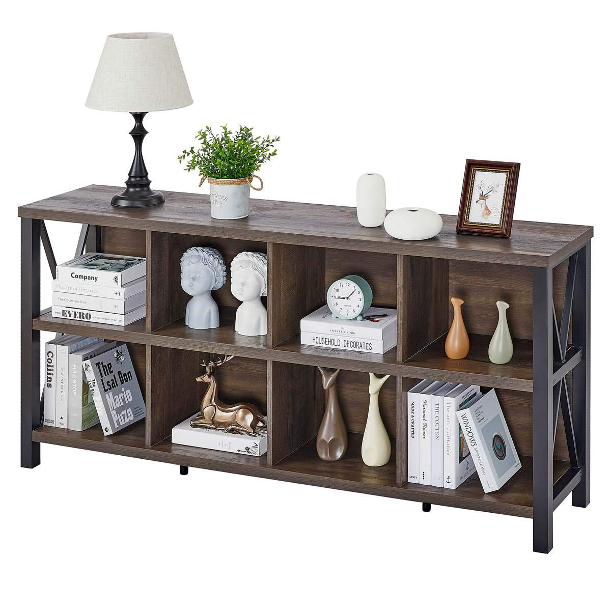 【Furniture】8 Cube Storage Organizer Bookshelf, Rustic Wood Cubby Bookcase, Industrial Horizontal Long Shelf