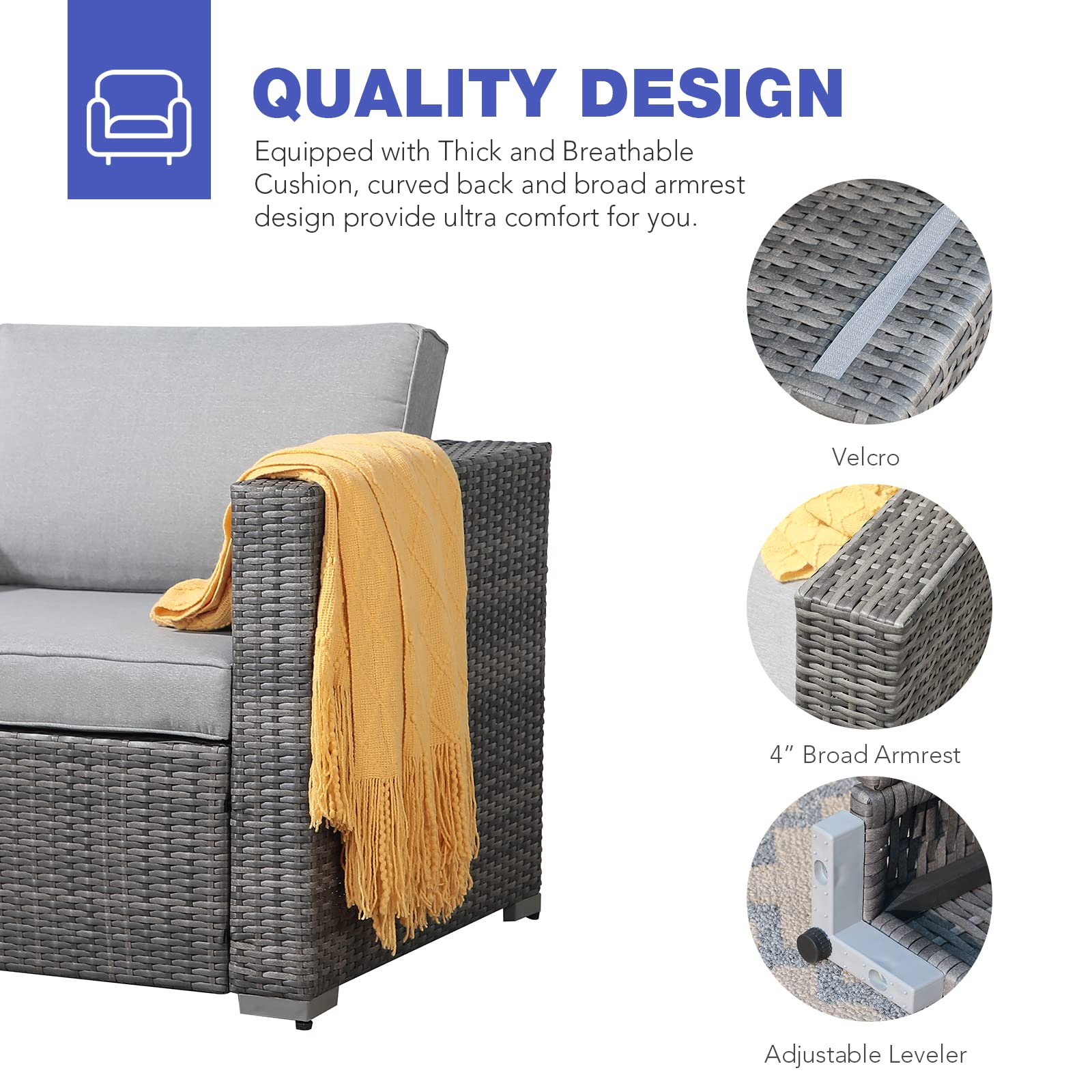 【Furniture】7 Pcs Outdoor Patio Furniture Set, All Weather Grey PE Wicker Rattan Sectional Conversation Set