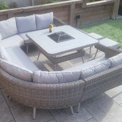 Weave Garden Furniture Danielle Grey Rattan U Shaped Corner Sofa Dining Set with FireDrinks Pit.