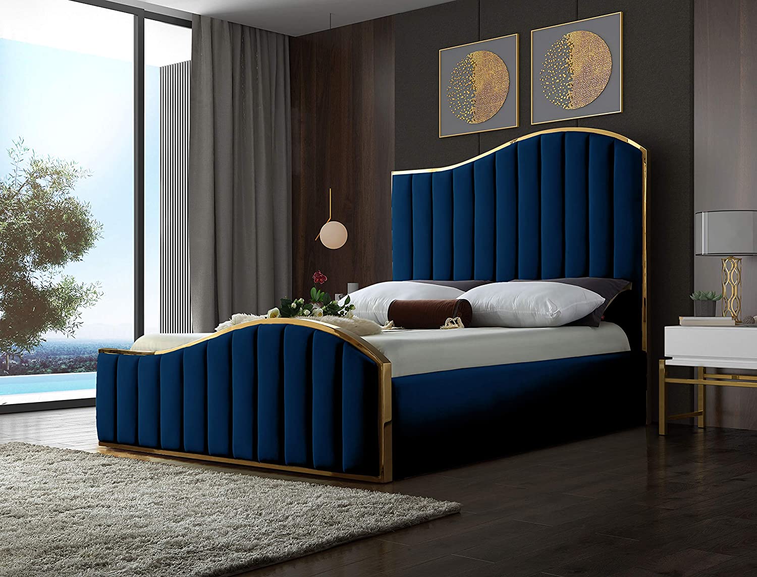 【Furniture】Contemporary Velvet Upholstered Bed With Channel Tufting & Polished Gold Metal Frame, King