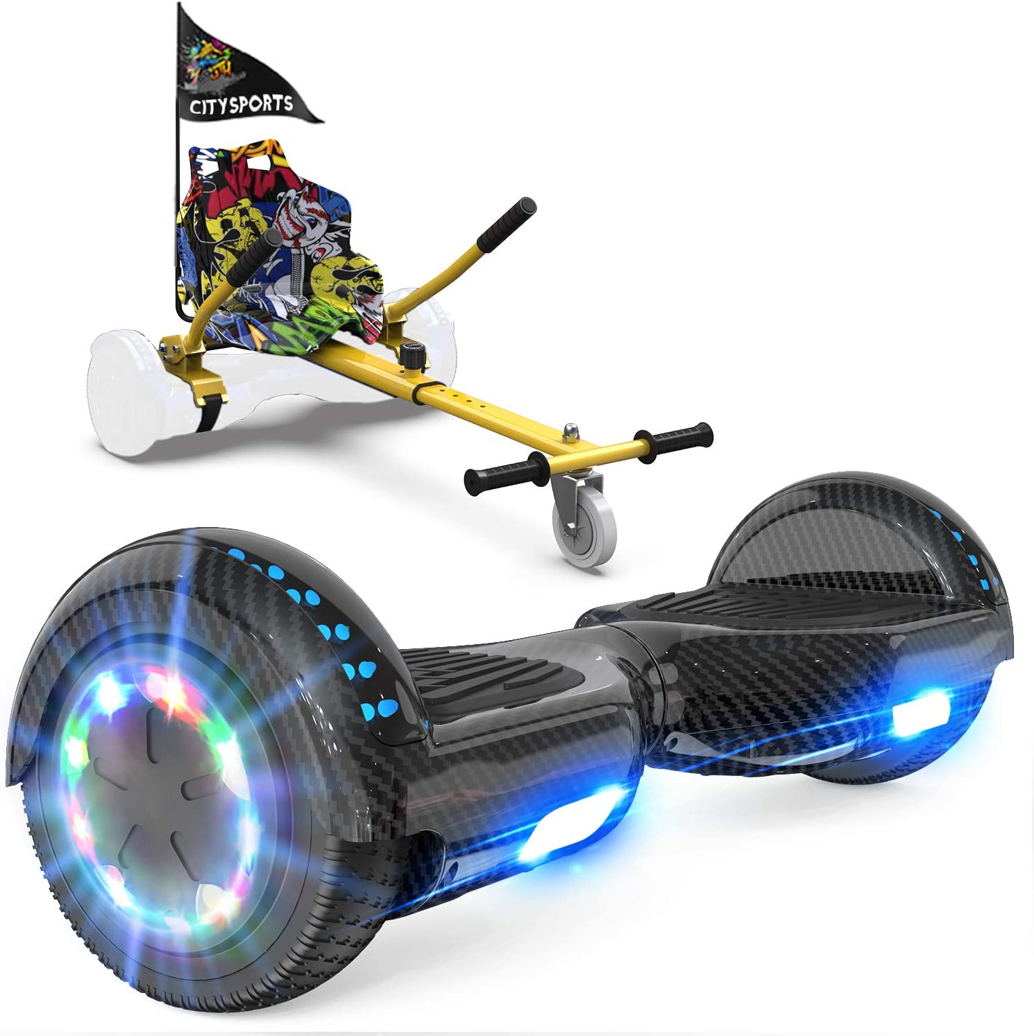 GeekMe hoverboards go kart attachment, Hoverboards with Hoverkart 6.5 inch with Bluetooth Speaker, LED Lights, Gift for Kid, Teenager and Adult