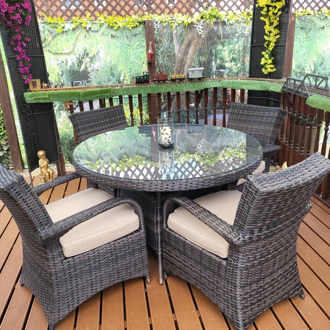 【Home&Garden】4 Seat Round Rattan Dining Table Chair Garden Furniture