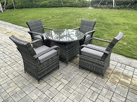 【Home&Garden】4 Seat Round Rattan Dining Table Chair Garden Furniture