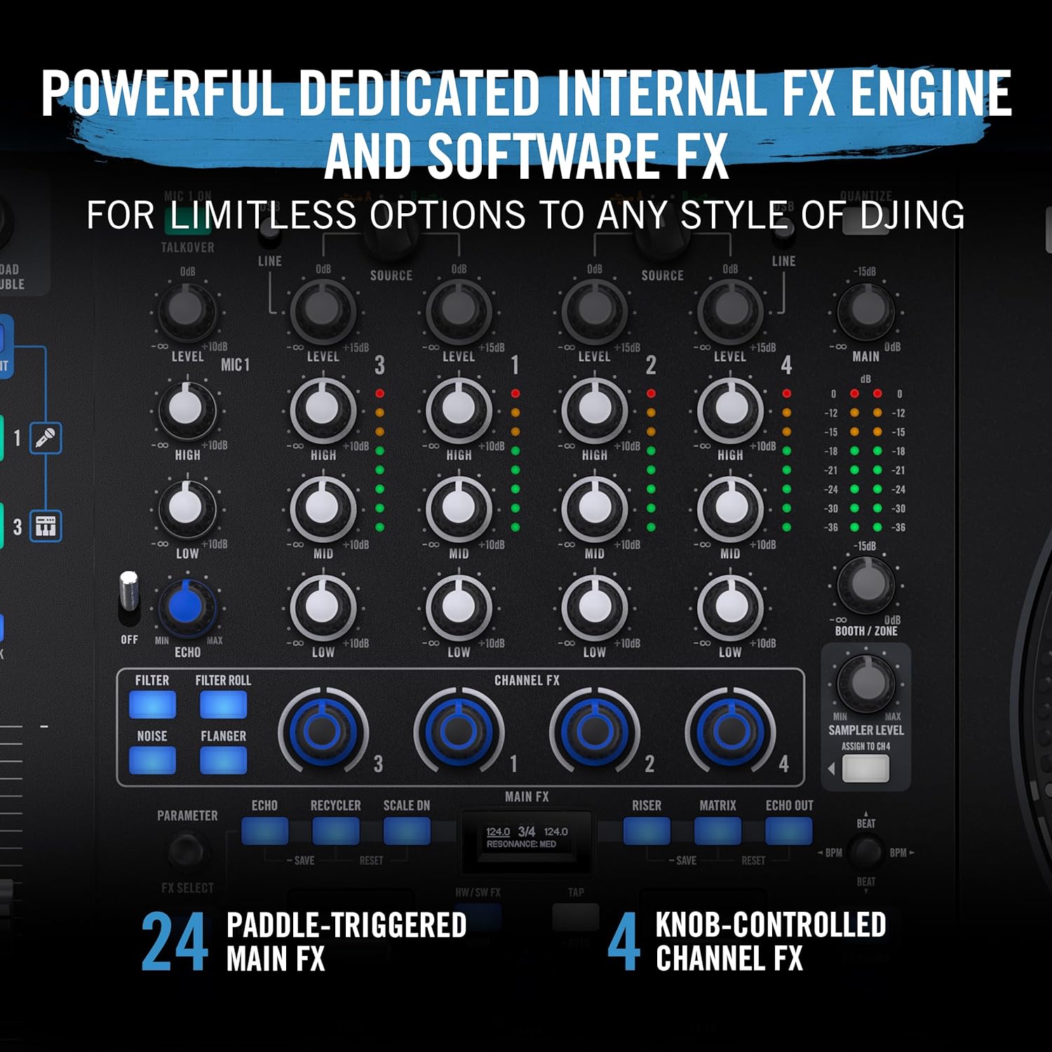 Numark NS4FX – 4-channel DJ Controller, Touch Jog Wheels with Display, Performance Pads and Effects, Booth and Main Outputs, Serato DJ Lite Included