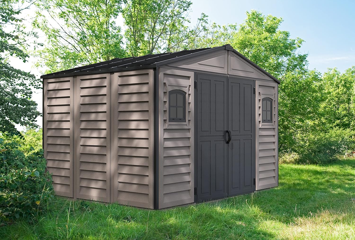 Duramax WoodSide 10 x 8 (8.02 m2) Plastic Garden Shed with 3 Fixed Windows & Metal Foundation Kit, Strong Metal Roof Structure Fire Retardant and Maintenance-Free Storage Shed - Ivory/Brown