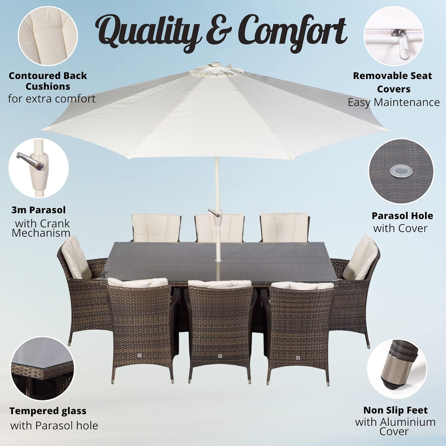 Savannah Rattan Dining Set | Large Rectangle 8 Seater Brown Rattan Dining Set | Outdoor Poly Rattan Garden Table & Chairs Set | Patio Conservatory Wicker Garden Dining Furniture with Parasol & Cover《NO8》
