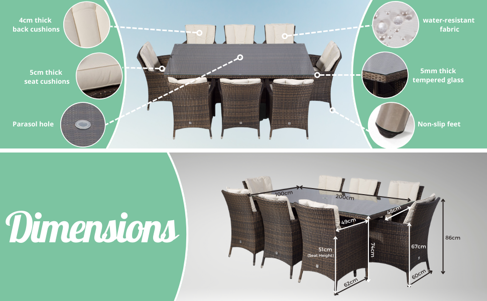 Savannah Rattan Dining Set | Large Rectangle 8 Seater Brown Rattan Dining Set | Outdoor Poly Rattan Garden Table & Chairs Set | Patio Conservatory Wicker Garden Dining Furniture with Parasol & Cover《NO8》