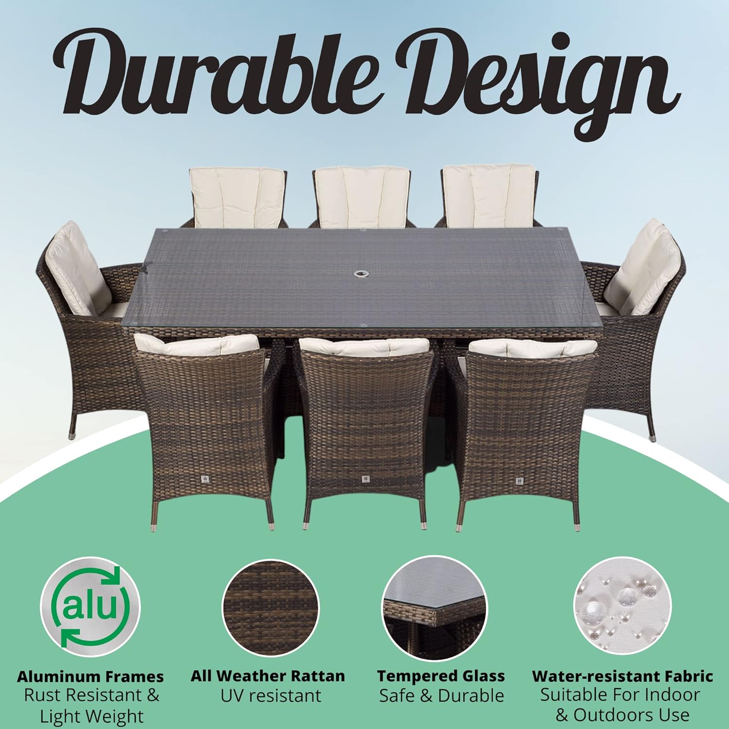 Savannah Rattan Dining Set | Large Rectangle 8 Seater Brown Rattan Dining Set | Outdoor Poly Rattan Garden Table & Chairs Set | Patio Conservatory Wicker Garden Dining Furniture with Parasol & Cover《NO8》