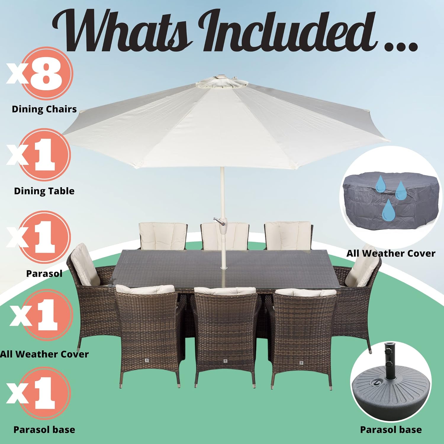 Savannah Rattan Dining Set | Large Rectangle 8 Seater Brown Rattan Dining Set | Outdoor Poly Rattan Garden Table & Chairs Set | Patio Conservatory Wicker Garden Dining Furniture with Parasol & Cover《NO8》