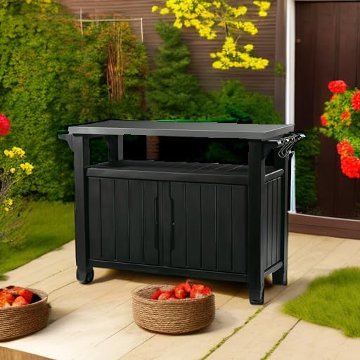 Keter Unity XL Portable Outdoor Table and Storage Cabinet with Hooks for Grill Accessories-Stainless Steel Top for Patio Kitchen Island or Bar Cart, Dark Grey