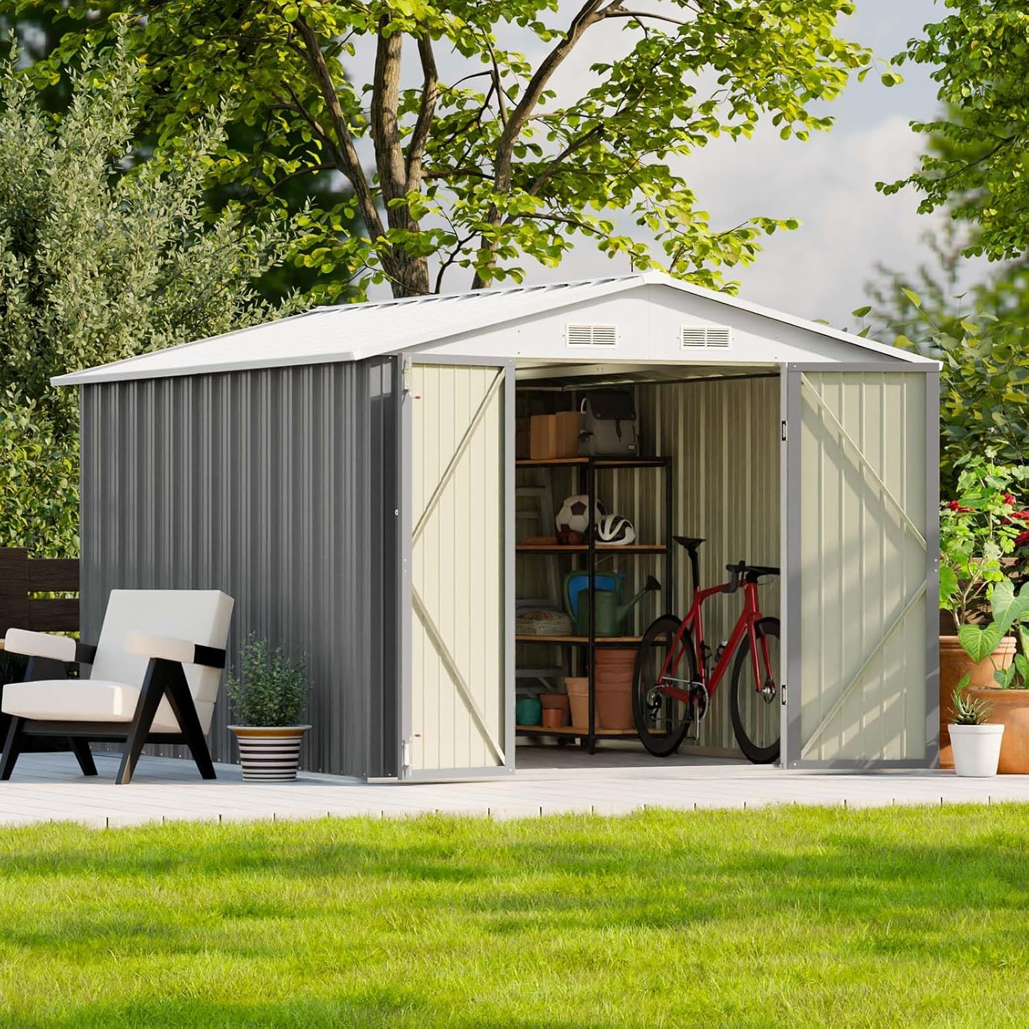 Keter Factor 8x10ft Outdoor Resin Storage Shed with Pitched Roof and Double Locking Doors, Outdoor Shed for Backyard Garden Patio Lawn, 3 Colors《NO8》