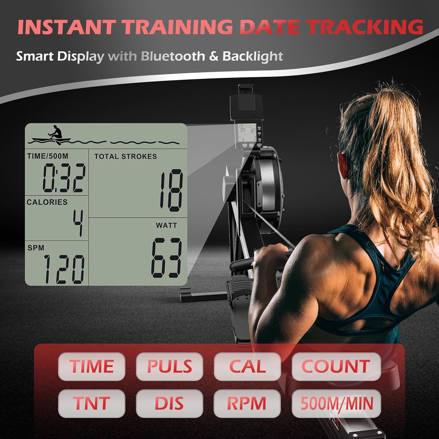 PASYOU Rowing Machine for Home Use - Commercial-Grade Rower Machine Foldable Air Rowing Machine with 10-Level Resistance, Bluetooth Backlit Monitor, Adjustable-Angle Device Holder - 350LBS Load