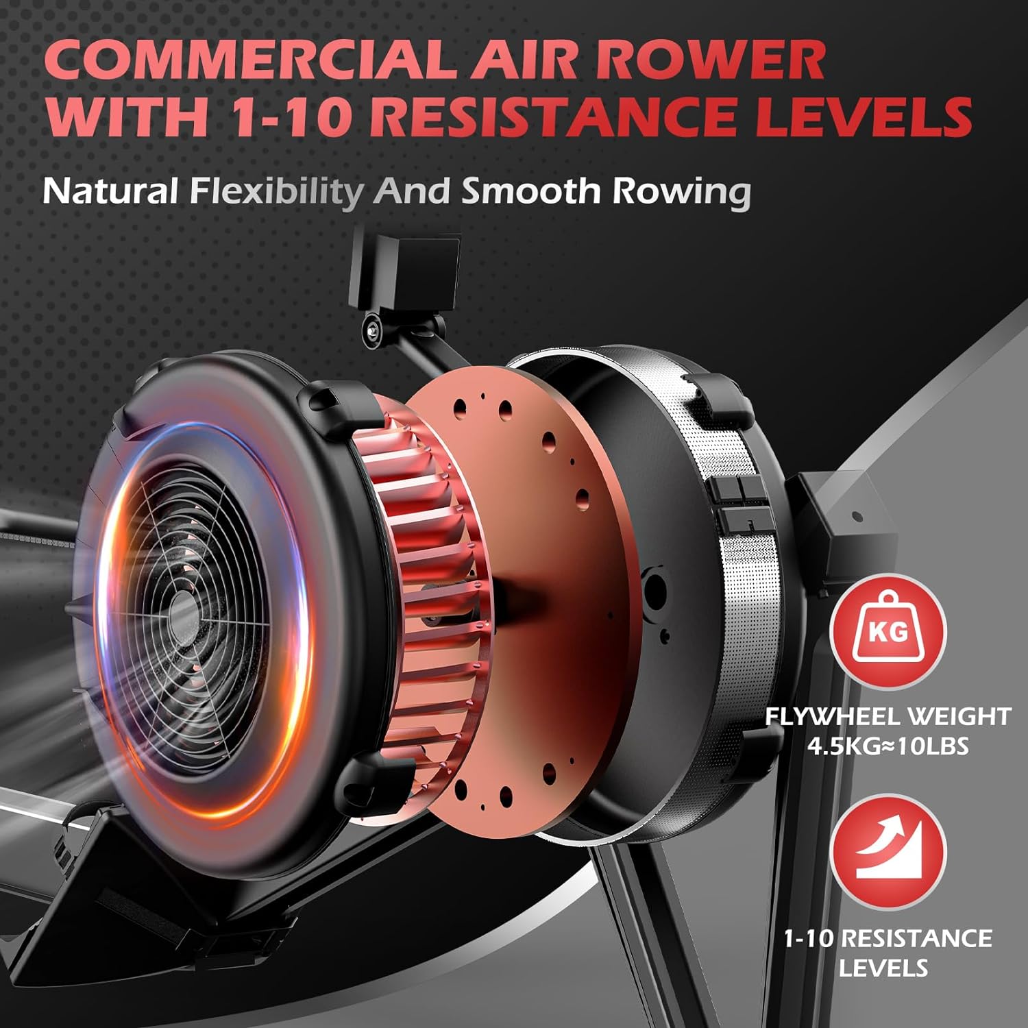 PASYOU Rowing Machine for Home Use - Commercial-Grade Rower Machine Foldable Air Rowing Machine with 10-Level Resistance, Bluetooth Backlit Monitor, Adjustable-Angle Device Holder - 350LBS Load