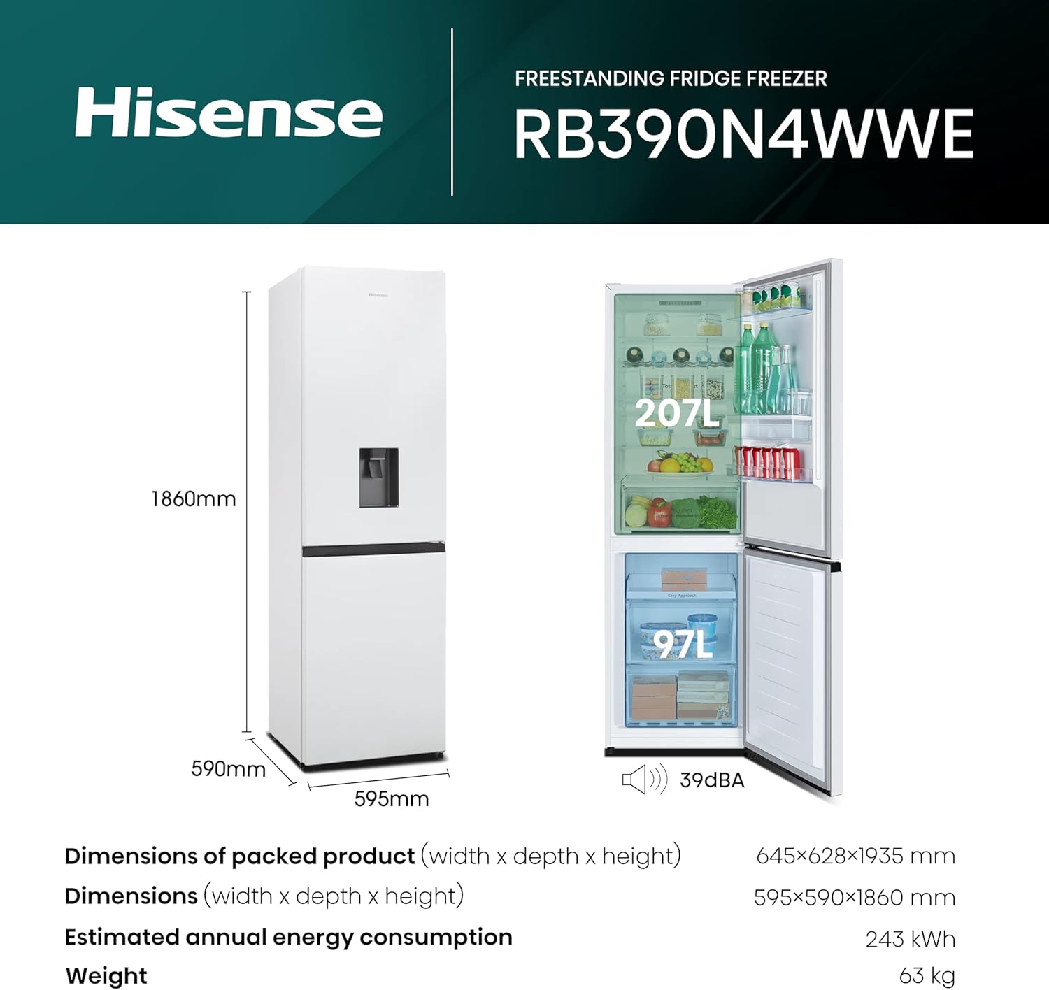 Hisense RB327N4WCE 55cm Freestanding 50/50 Fridge Freezer - 256 litre capacity - Total No Frost - Non-plumbed Water Dispenser - Silver - E Rated, H182.4 x W55 x D55.6 (cm) [Energy Class E]