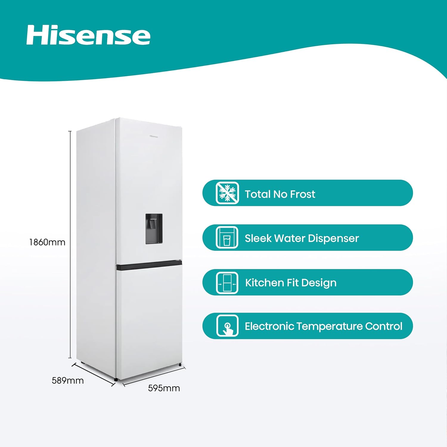 Hisense RB327N4WCE 55cm Freestanding 50/50 Fridge Freezer - 256 litre capacity - Total No Frost - Non-plumbed Water Dispenser - Silver - E Rated, H182.4 x W55 x D55.6 (cm) [Energy Class E]