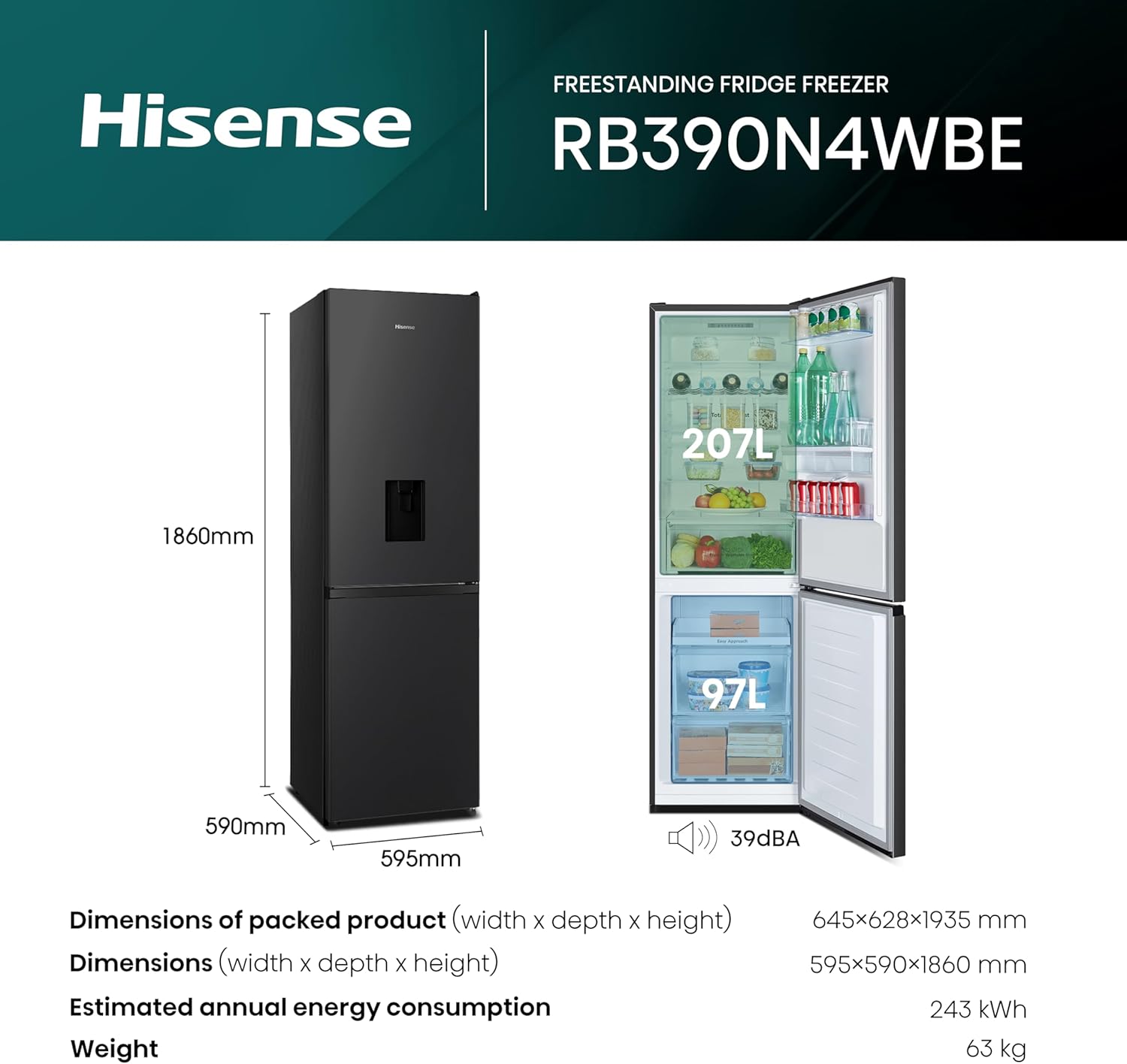 Hisense RB327N4WCE 55cm Freestanding 50/50 Fridge Freezer - 256 litre capacity - Total No Frost - Non-plumbed Water Dispenser - Silver - E Rated, H182.4 x W55 x D55.6 (cm) [Energy Class E]