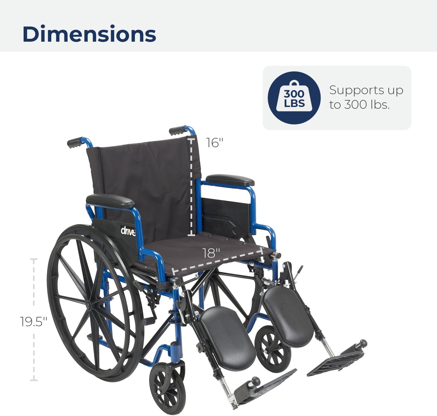 Drive Medical BLS18FBD-ELR Blue Streak Lightweight Wheelchair with Swing-Away Elevating Leg Rests and Flip-Back Arms