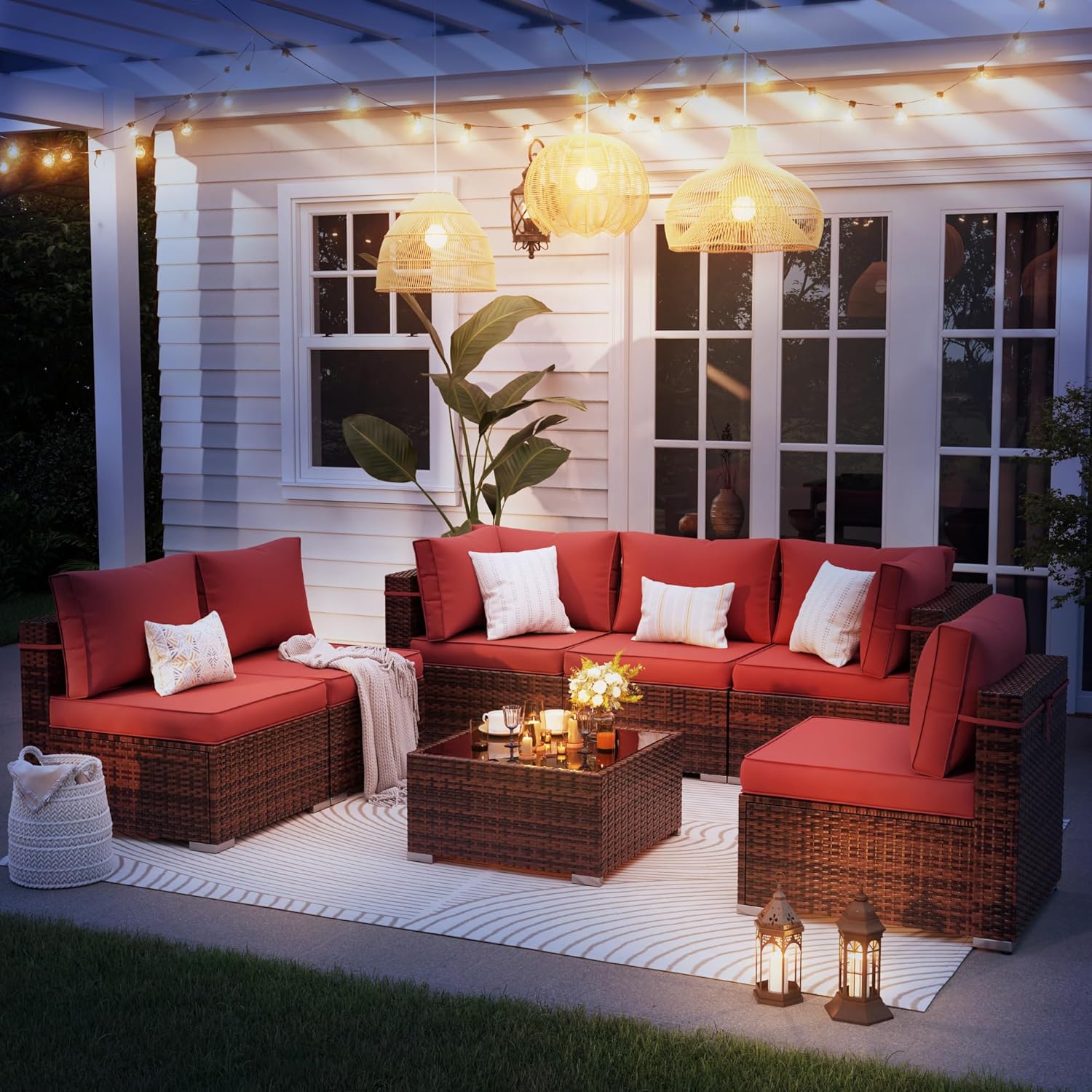 Patio Furniture Set, 7-Piece Outdoor Sectional with Waterproof Cover, All-Weather Wicker Patio Conversation Sets for Backyard (Grey with Grey Cushion)