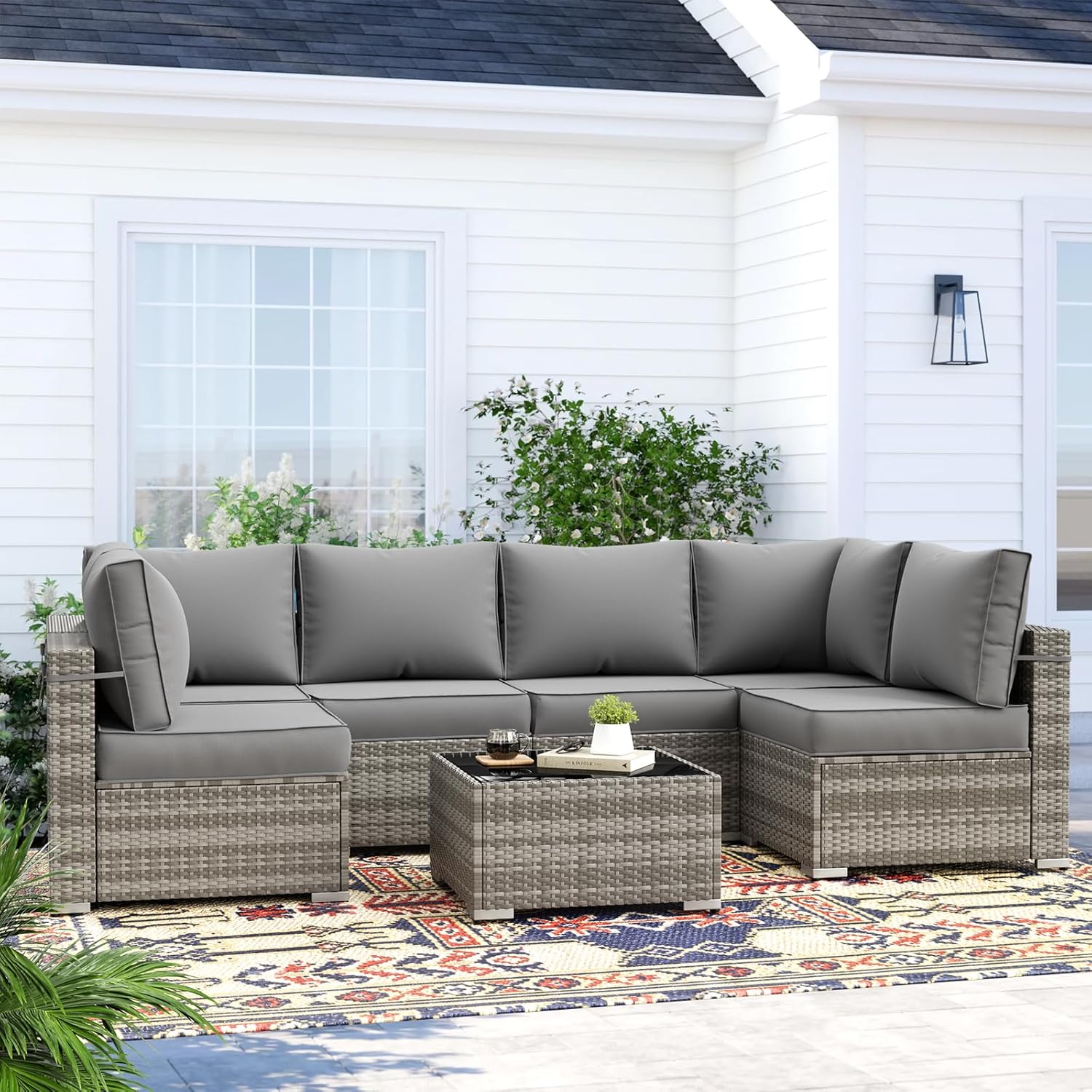 Patio Furniture Set, 7-Piece Outdoor Sectional with Waterproof Cover, All-Weather Wicker Patio Conversation Sets for Backyard (Grey with Grey Cushion)