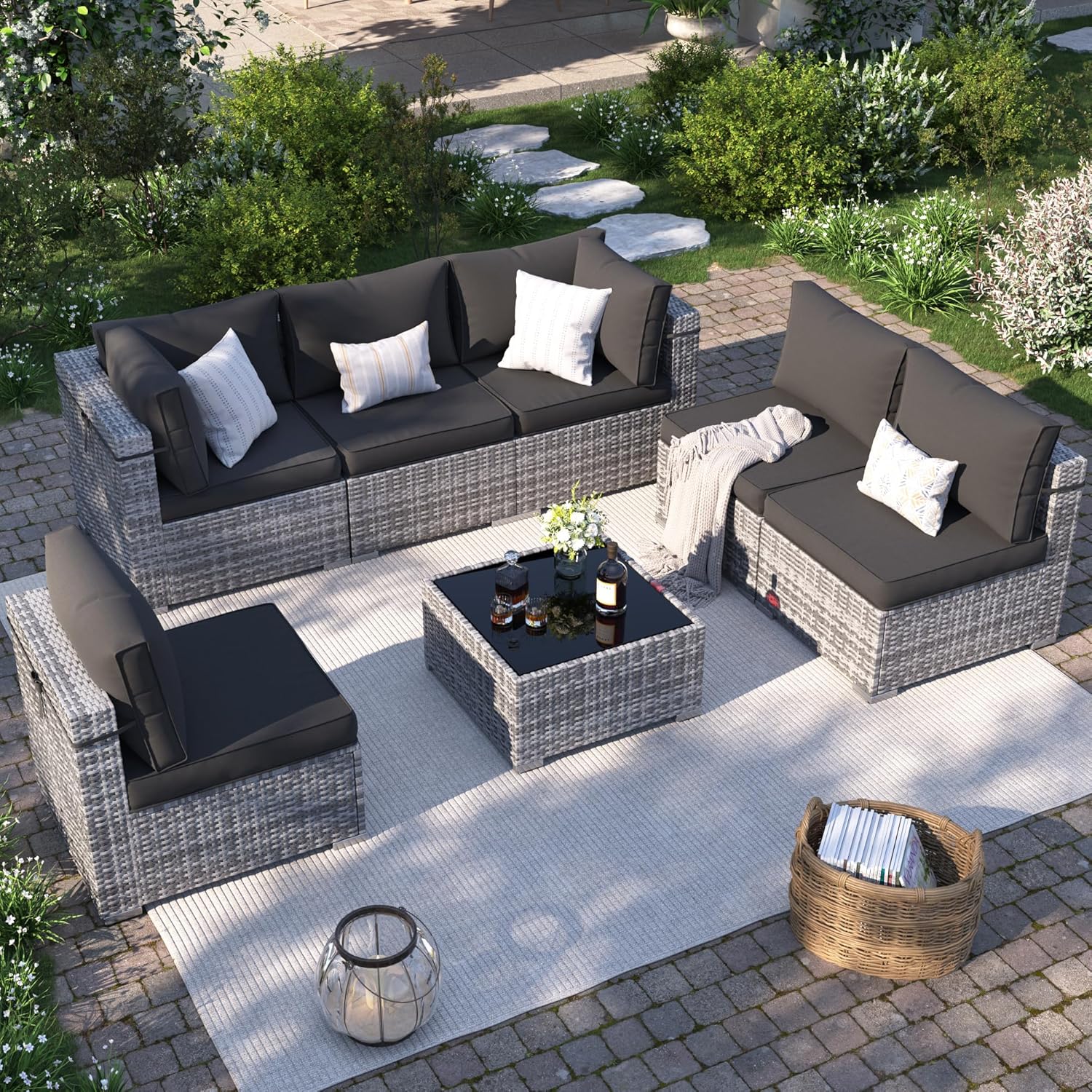 Patio Furniture Set, 7-Piece Outdoor Sectional with Waterproof Cover, All-Weather Wicker Patio Conversation Sets for Backyard (Grey with Grey Cushion)