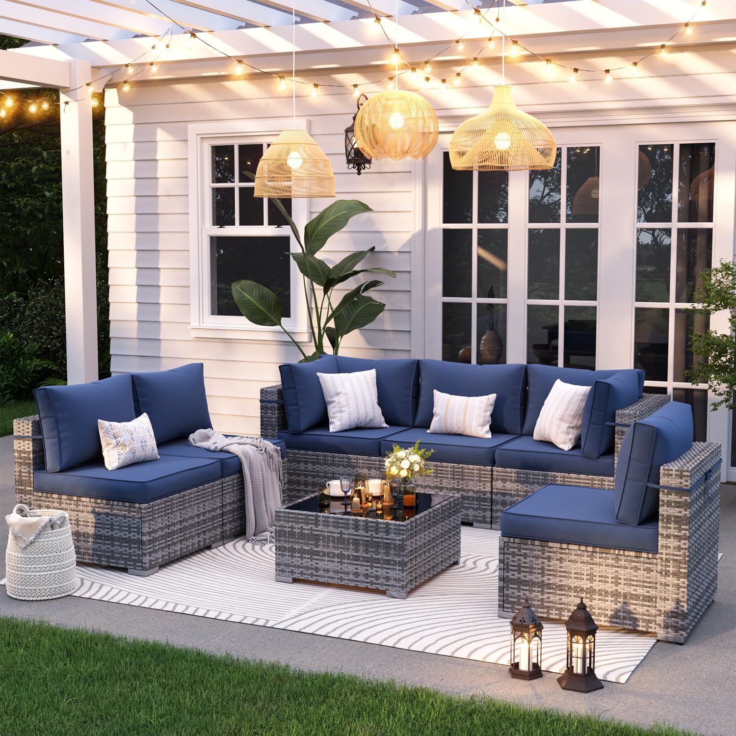 Patio Furniture Set, 7-Piece Outdoor Sectional with Waterproof Cover, All-Weather Wicker Patio Conversation Sets for Backyard (Grey with Grey Cushion)