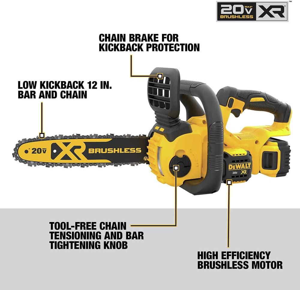 DEWALT 20V MAX* XR Chainsaw Kit, 5-Ah Battery, 12-Inch (DCCS620P1)