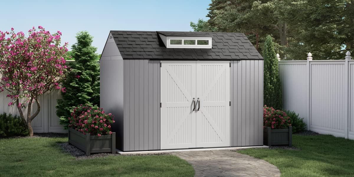Keter Outdoor Storage Shed with Floor (7 x 7 ft),- (7 x 10 ft) Weatherproof, Gray, Home/Backyard/Garden Tool/Lawn Mower/Bike Storage/Pool Supplies
