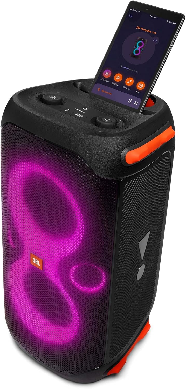 JBL PartyBox 110 - Schwarz – Trag - und rollbarer Bluetooth Party-Lautsprecher mit Lichteffekten – Spritzwassergeschützte, mobile Musikbox mit Akku