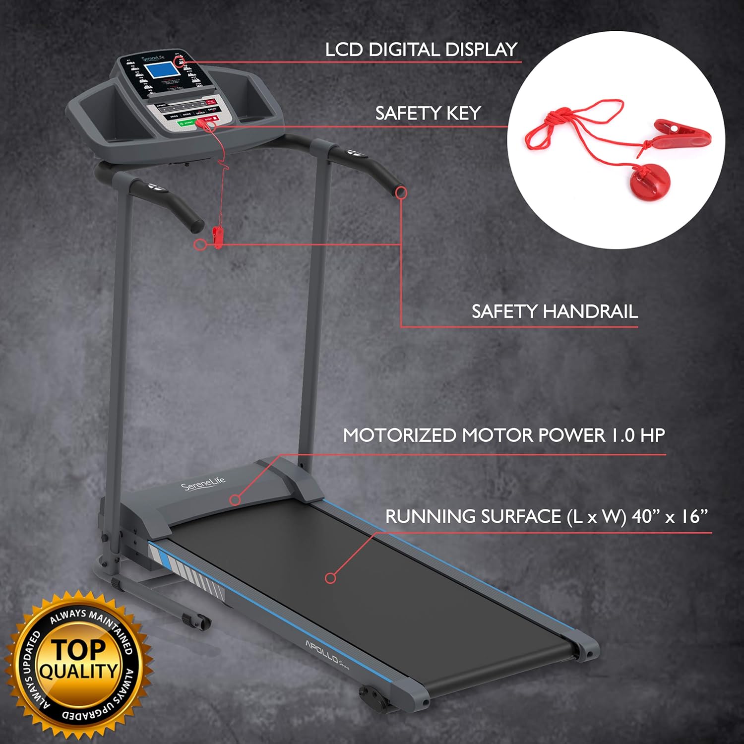 SereneLife Folding Treadmill Electric Treadmill with LCD for Walking and Running, Cardio Exercises, Bluetooth Connectivity