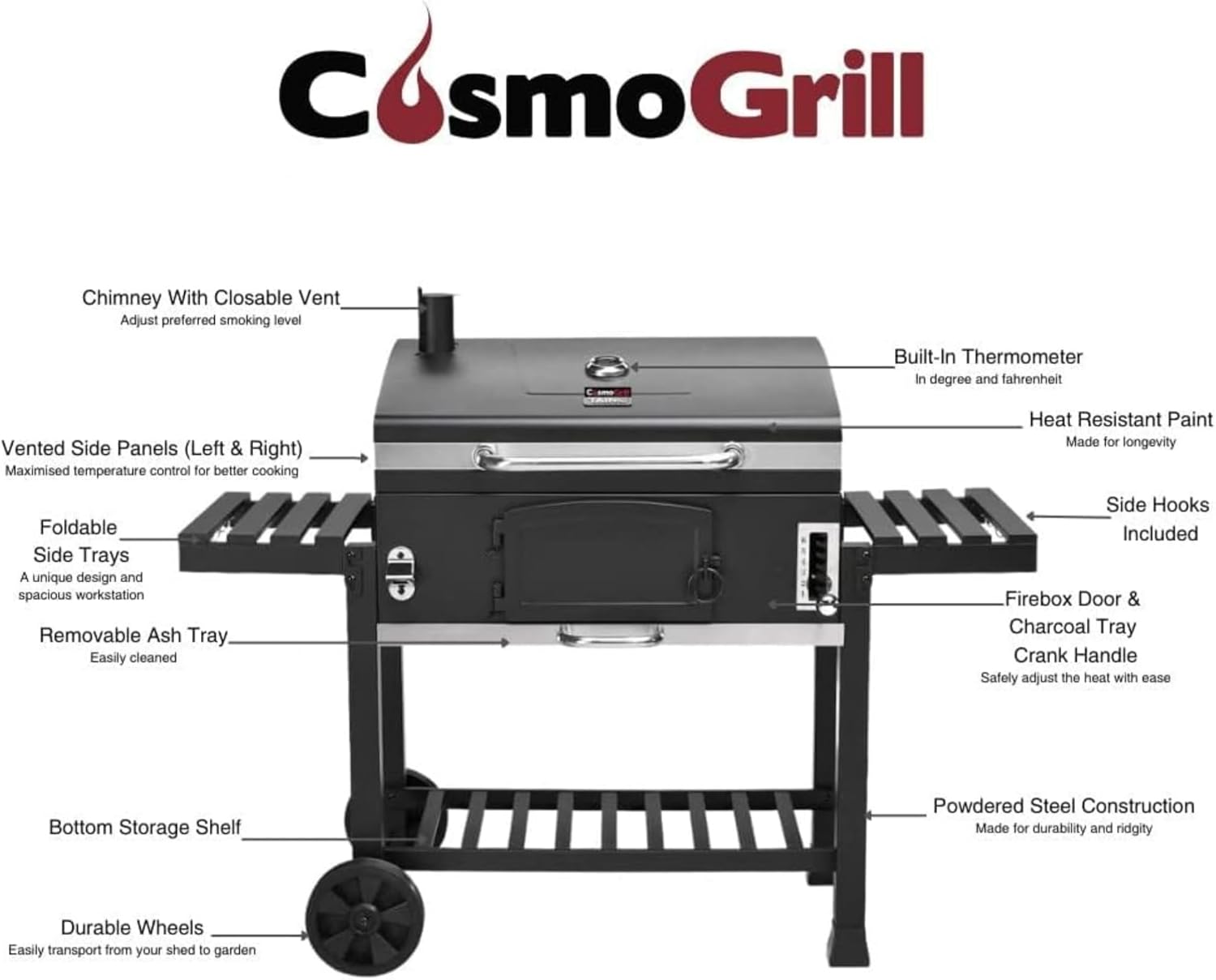 CosmoGrill Outdoor XXL Smoker Barbecue Charcoal Portable BBQ Grill | Lid Cover, Adjustable Charcoal Pan, Warming Rack & Built-in Thermometer | Extra Large Coal BBQ Smoker for Home Garden Party Cooking
