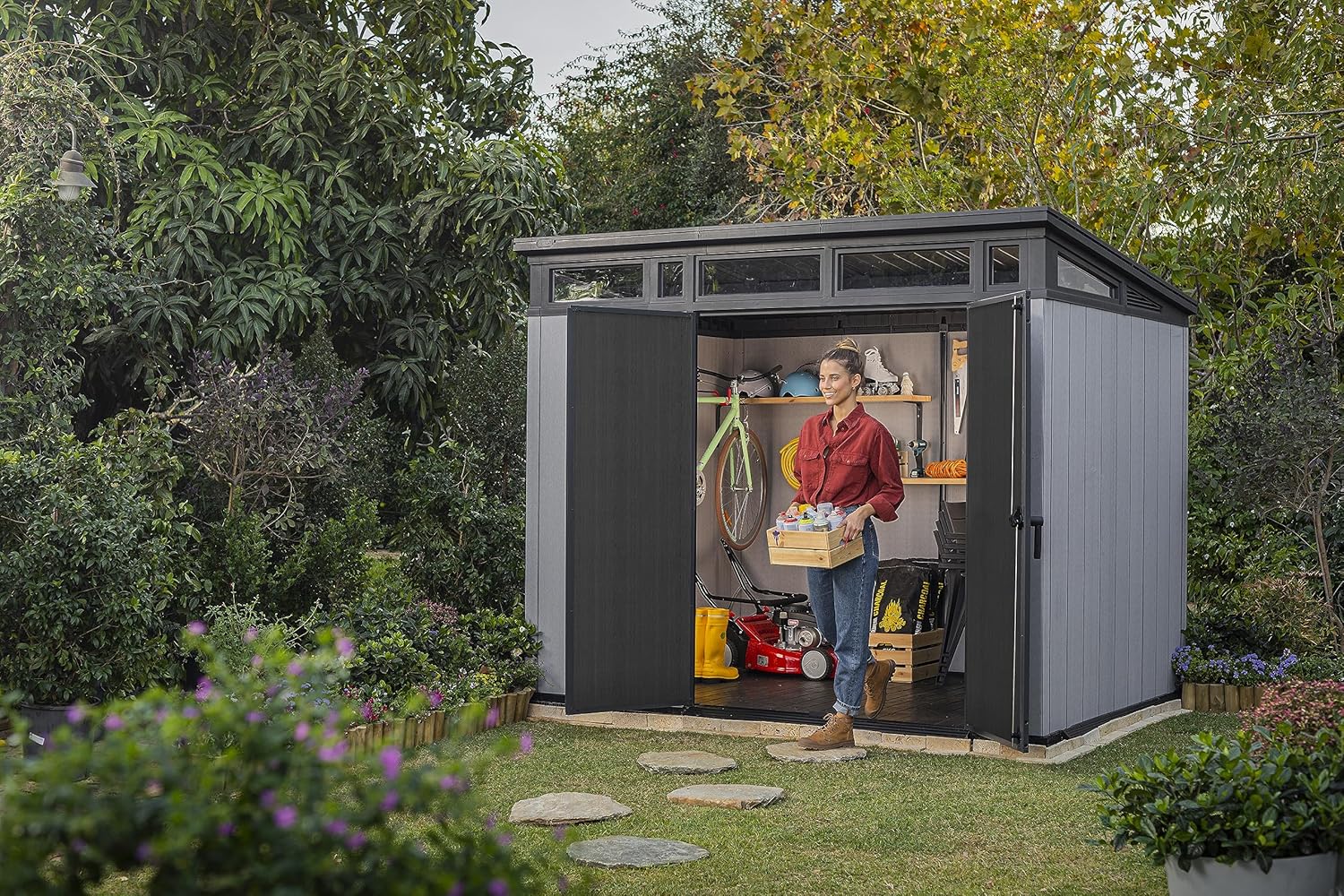 Keter Artisan Outdoor Pent Double Door Garden Storage Shed 9 x 7ft Grey Duotech+ Wood look and feel, Fade Free, All Weather Resistant, Safe and Secure, Zero Maintenance
