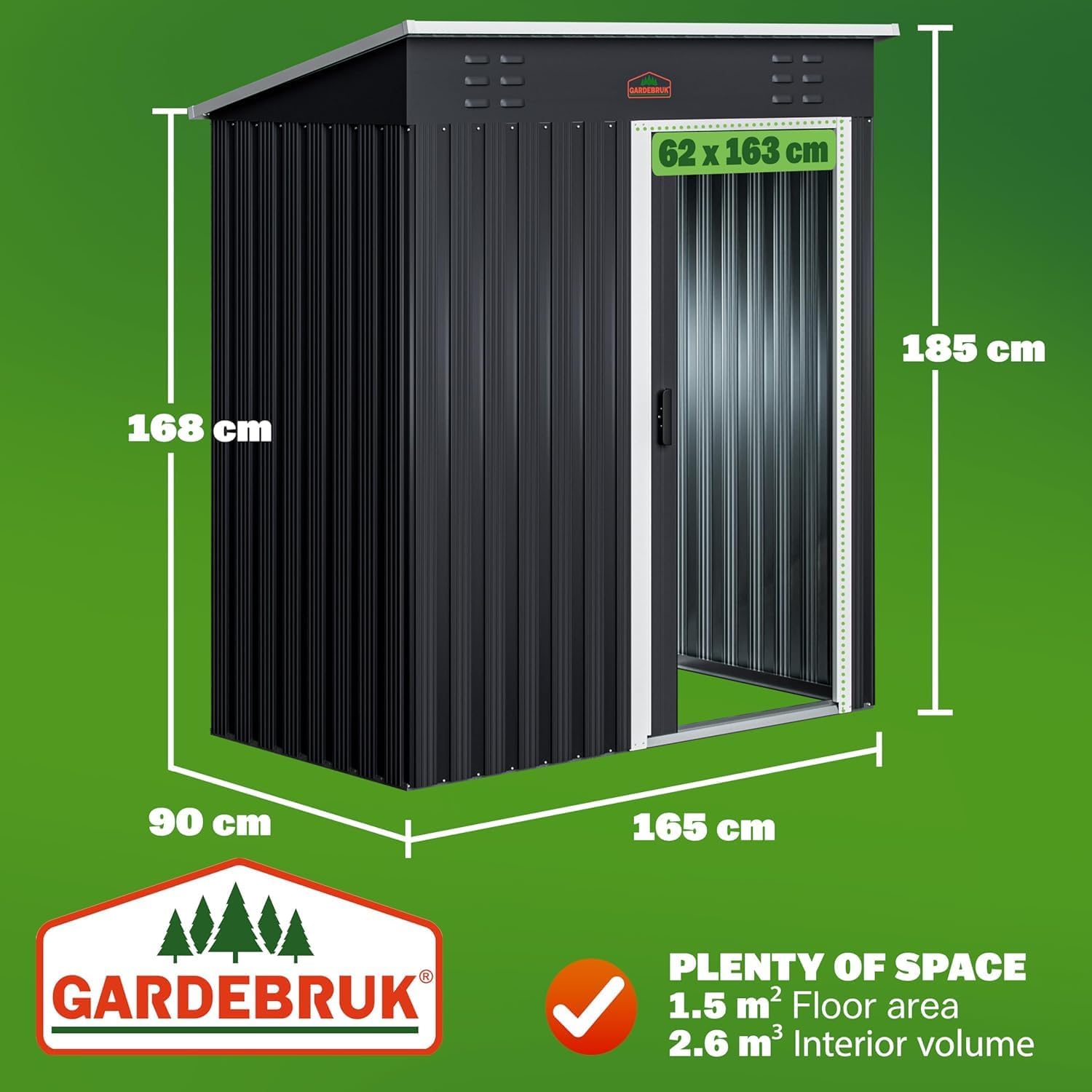 Medium 5x3' Metal Tool Shed Garden Storage | 1.5m² | Pent Roof | 185x165x90cm | Sliding Door | Galvanised Steel Garden Equipment Utility Log Coal Bunker Storage | Anthracite Grey