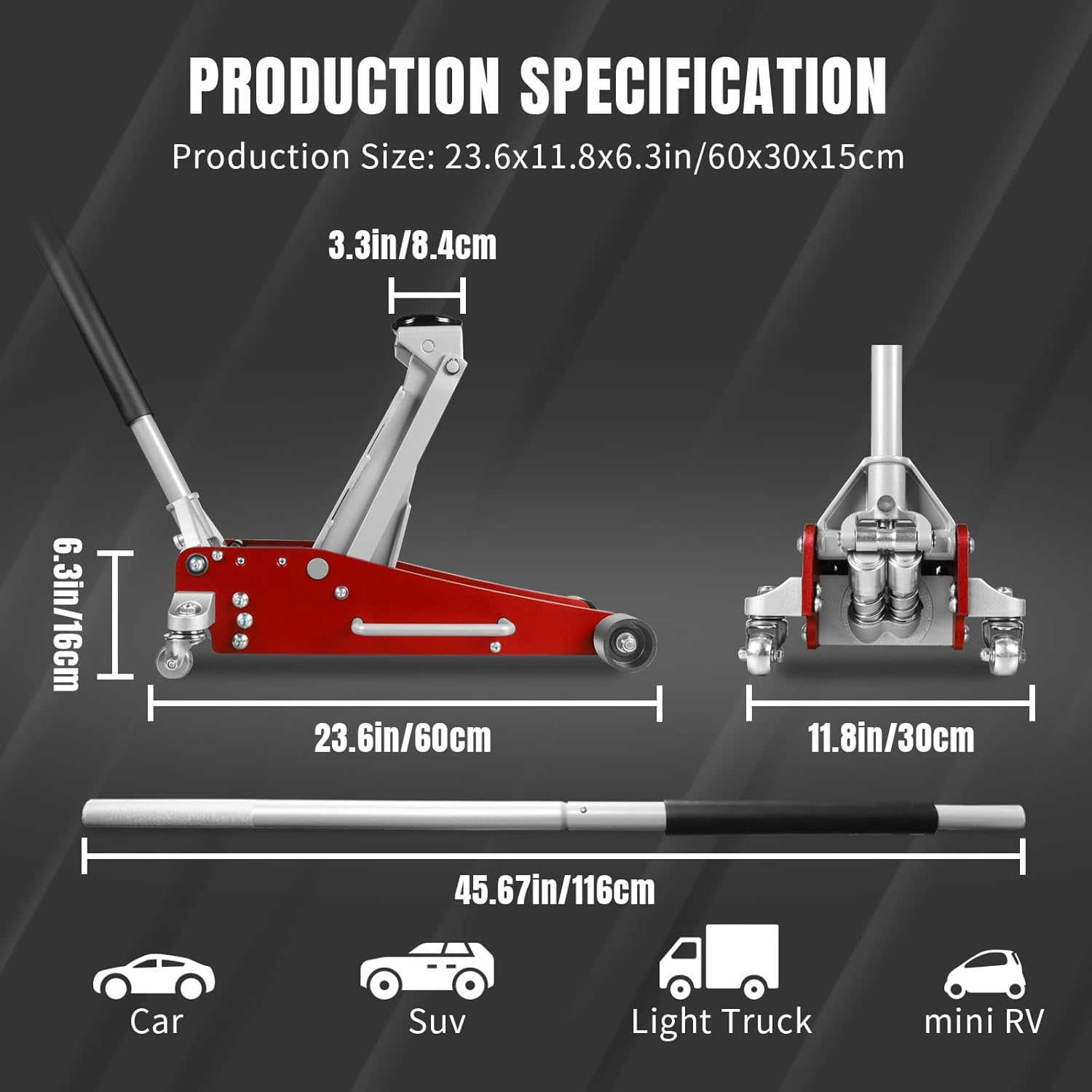 3 Ton Low Profile, Aluminum and Steel Racing Floor Jack with Dual Pistons Quick Lift Pump for Sport Utility Vehicle, Lifting Range 3-15/16