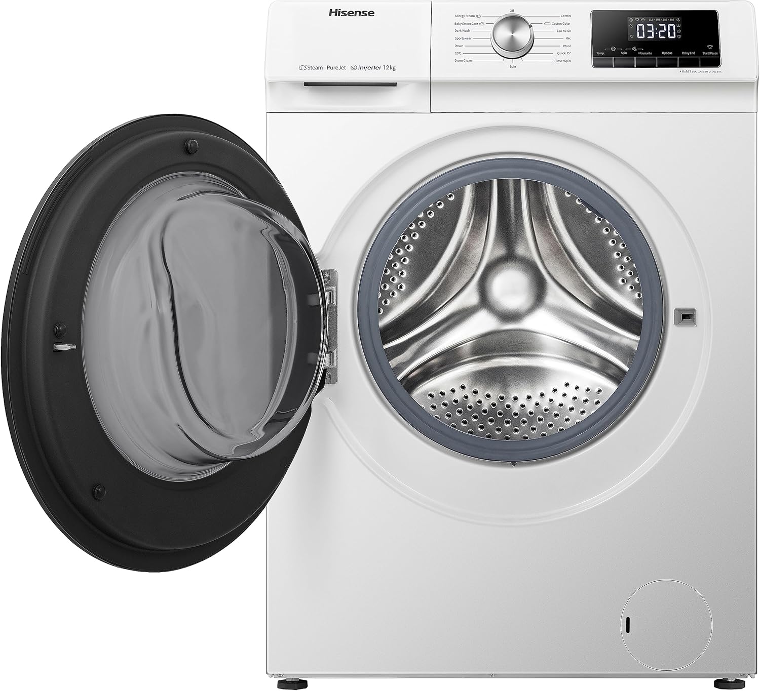 Hisense WFQA1214EVJM Freestanding 12 KG Front Load Washing Durable Inverter Machine Steam Wash Quick Wash 15 Washing Programs 1400 RPM White Energy Rating A [Energy Class A]