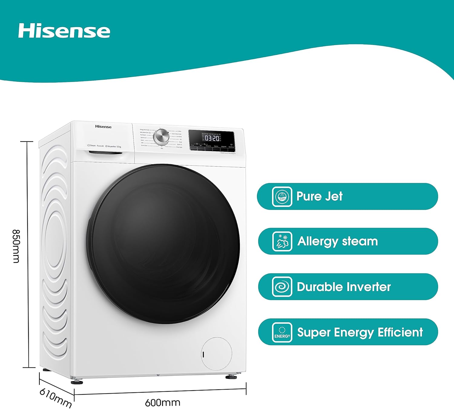Hisense WFQA1214EVJM Freestanding 12 KG Front Load Washing Durable Inverter Machine Steam Wash Quick Wash 15 Washing Programs 1400 RPM White Energy Rating A [Energy Class A]