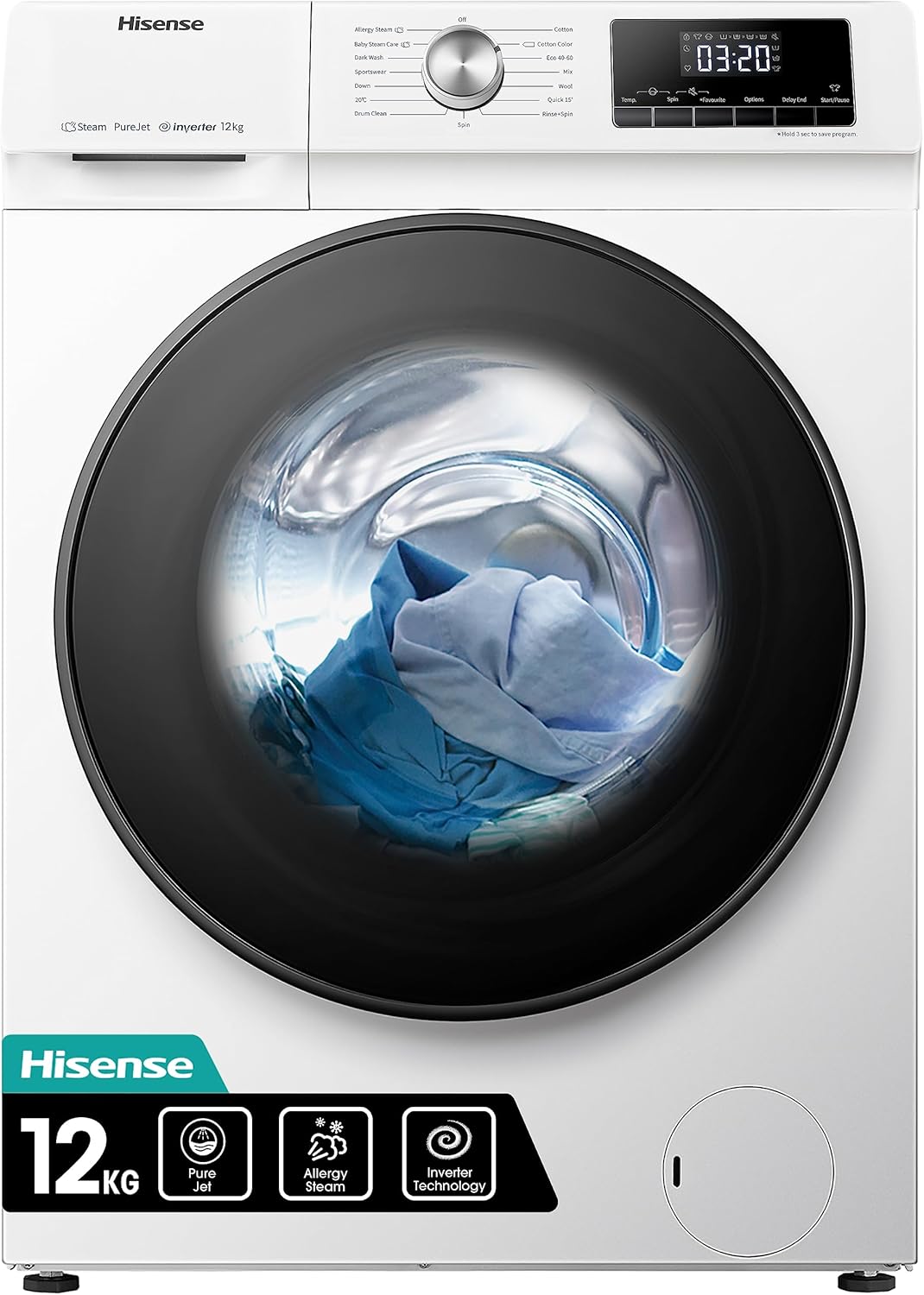 Hisense WFQA1214EVJM Freestanding 12 KG Front Load Washing Durable Inverter Machine Steam Wash Quick Wash 15 Washing Programs 1400 RPM White Energy Rating A [Energy Class A]
