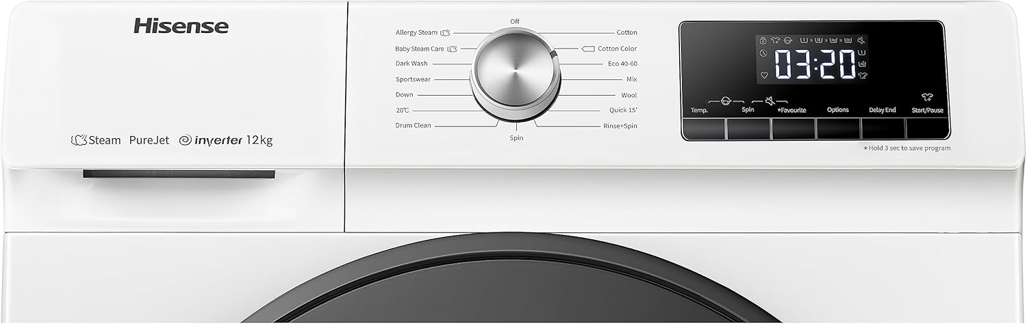 Hisense WFQA1214EVJM Freestanding 12 KG Front Load Washing Durable Inverter Machine Steam Wash Quick Wash 15 Washing Programs 1400 RPM White Energy Rating A [Energy Class A]
