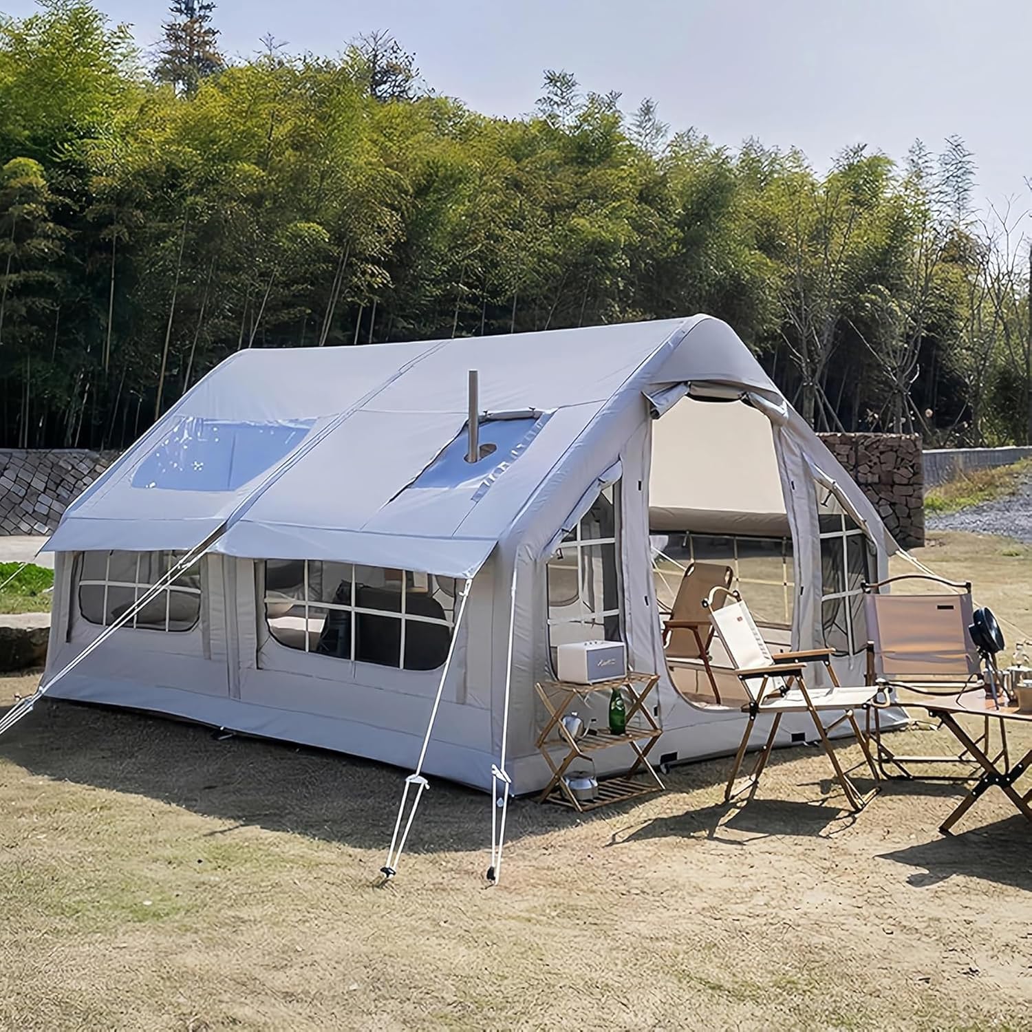 Inflatable Camping Tent, 8 Man Big Air Tent with Pump Large Family House Tent Mesh Windows & Stove Jack, PU3000+ / PU2000+ Waterproof Glamping 4 Season Tents, Blow Up Tents, Quick Build