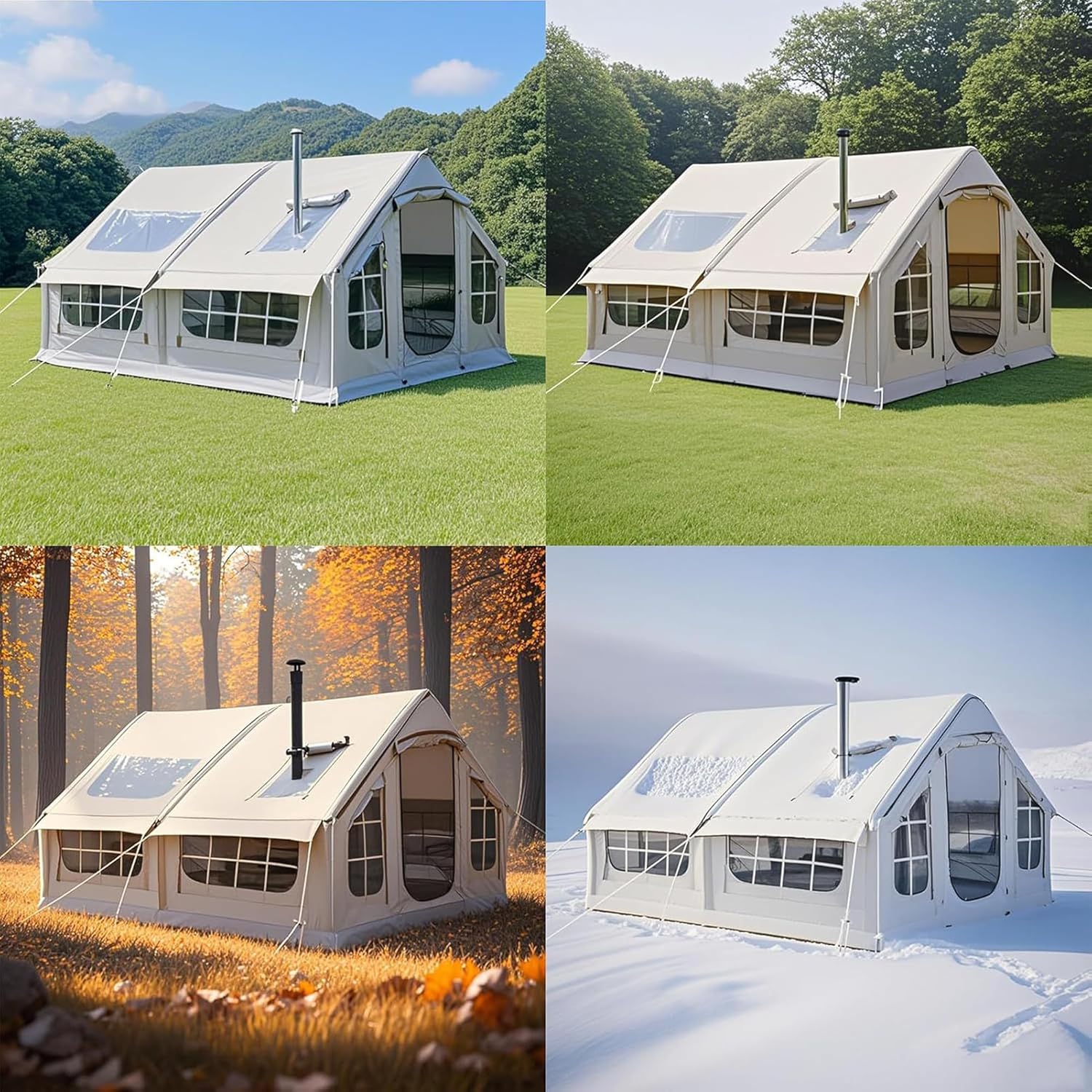 Inflatable Camping Tent, 8 Man Big Air Tent with Pump Large Family House Tent Mesh Windows & Stove Jack, PU3000+ / PU2000+ Waterproof Glamping 4 Season Tents, Blow Up Tents, Quick Build