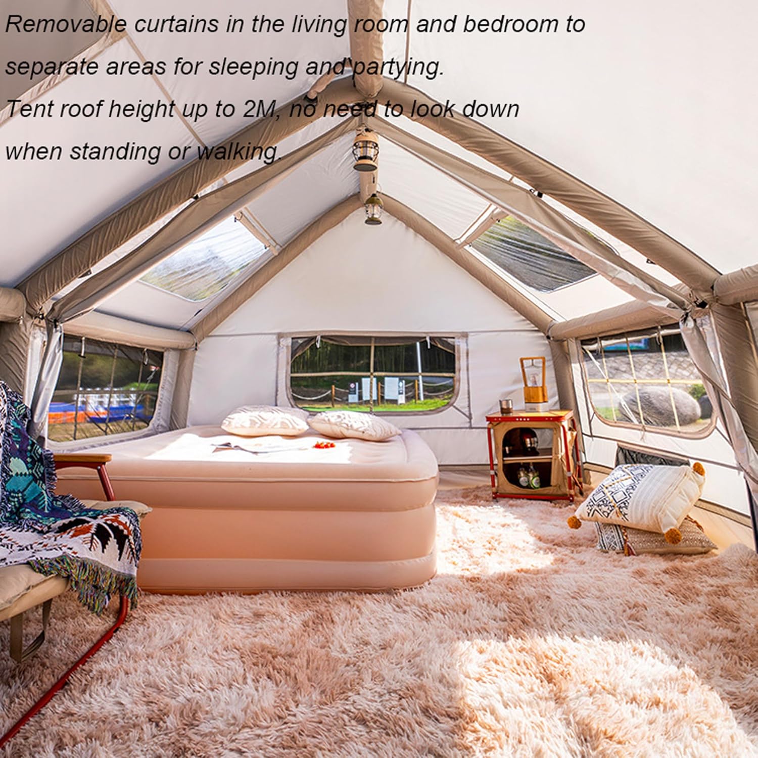 Inflatable Camping Tent, 8 Man Big Air Tent with Pump Large Family House Tent Mesh Windows & Stove Jack, PU3000+ / PU2000+ Waterproof Glamping 4 Season Tents, Blow Up Tents, Quick Build