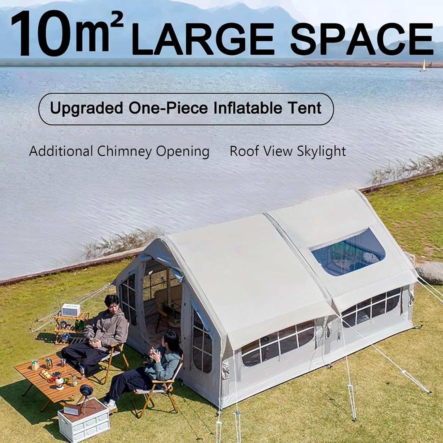 Inflatable Camping Tent, 8 Man Big Air Tent with Pump Large Family House Tent Mesh Windows & Stove Jack, PU3000+ / PU2000+ Waterproof Glamping 4 Season Tents, Blow Up Tents, Quick Build