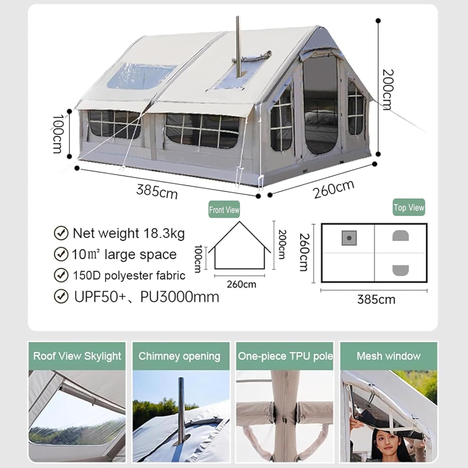 Inflatable Camping Tent, 8 Man Big Air Tent with Pump Large Family House Tent Mesh Windows & Stove Jack, PU3000+ / PU2000+ Waterproof Glamping 4 Season Tents, Blow Up Tents, Quick Build