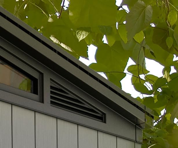 Keter Artisan 7x7 Gerätehaus – Wetterfestes Gartenhaus mit Boden, Pultdach, Doppeltüren & Fenster, Ideal für Outdoor-Aufbewahrung, 214x218x226cm, 8,3 m³, grau