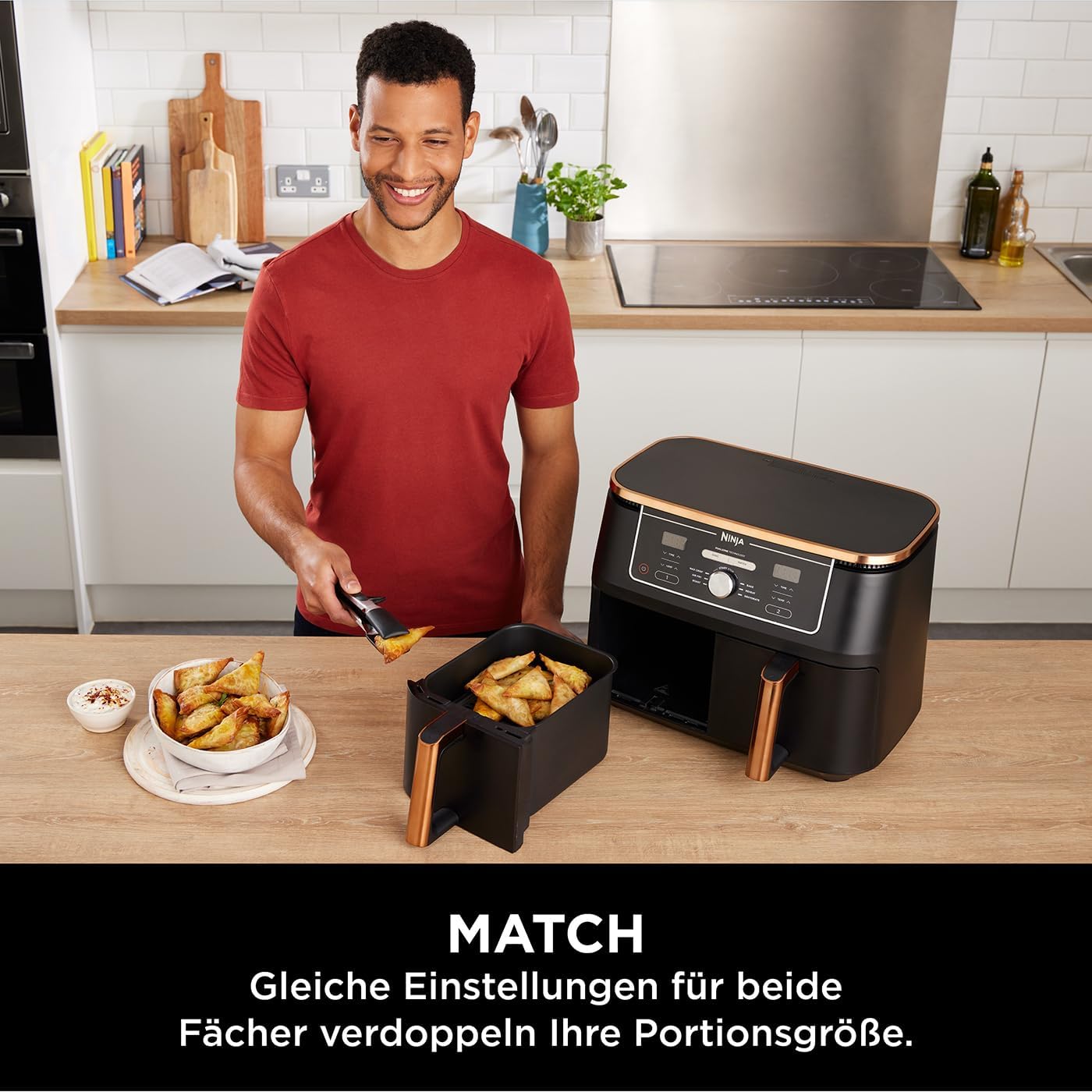 Ninja Foodi MAX Dual Zone Heißluftfritteuse [AF400EUCP] Amazon Exclusive, ‎2470 Watt , 9,5 L, 2 Heißluft-Frittierfächer, 6 Funktionen, 27 x 41.5 x 32.5 cm, Kupfer/Schwarz