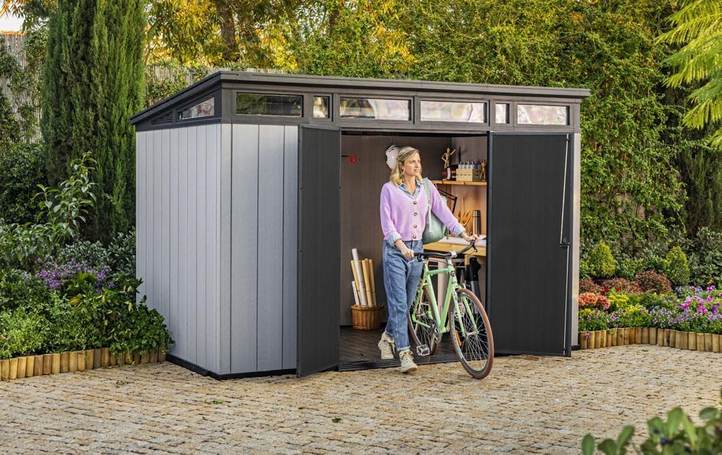 Keter Kunststoff Gerätehaus 11x7 – Wetterfestes Gartenhaus mit Boden, Doppeltüren & Fenster, Fahrradschuppen, Ideal für Outdoor-Geräteschuppen, 342x218x226cm