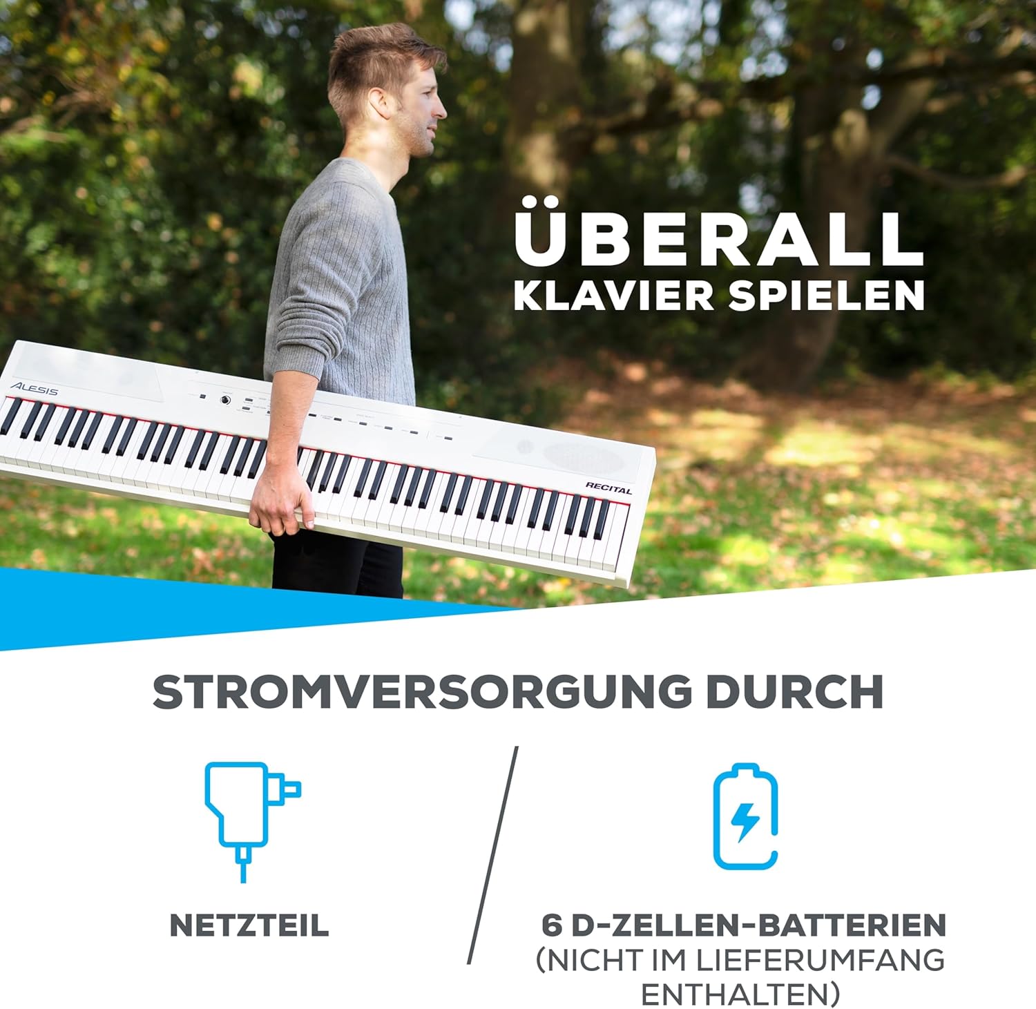 Alesis Recital - E Piano 88 Tasten für Einsteiger mit Halbgewichteten Volle Größe Klavier, Lautsprechern, fünf Premium-Stimmen, Kopfhörerausgang, Klavier Lektionen-Abo