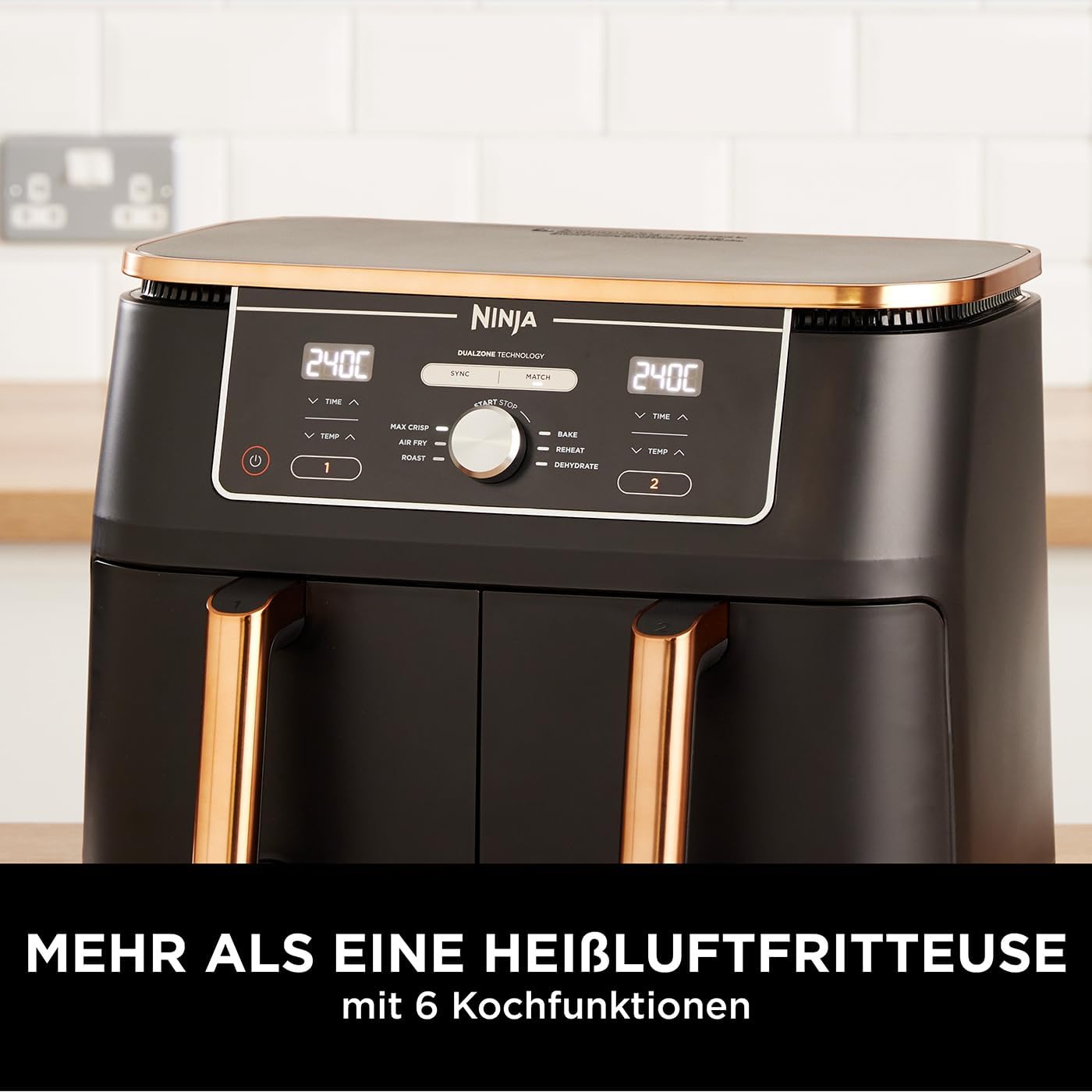 Ninja Foodi MAX Dual Zone Heißluftfritteuse [AF400EUCP] Amazon Exclusive, ‎2470 Watt , 9,5 L, 2 Heißluft-Frittierfächer, 6 Funktionen, 27 x 41.5 x 32.5 cm, Kupfer/Schwarz